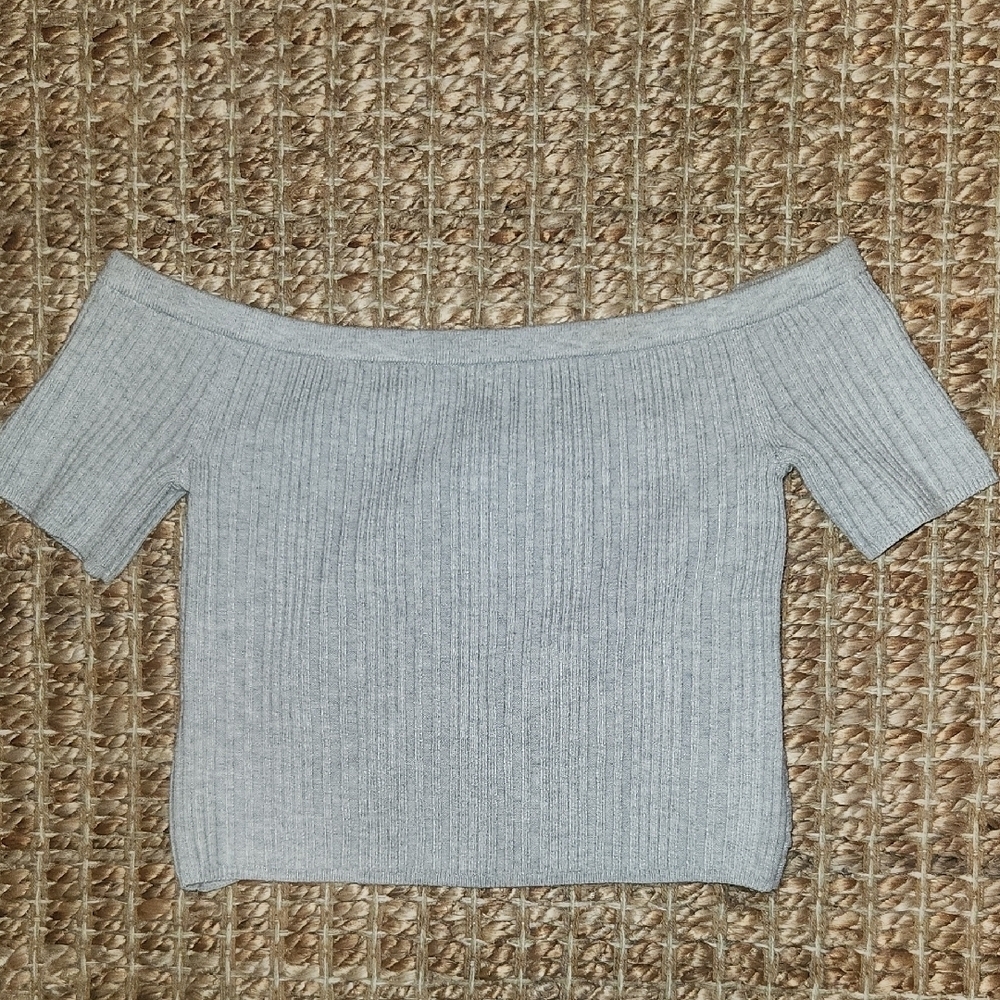 Aerie Off-the-Shoulder Fitted Cropped Gray Spring Summer Casual Sweater